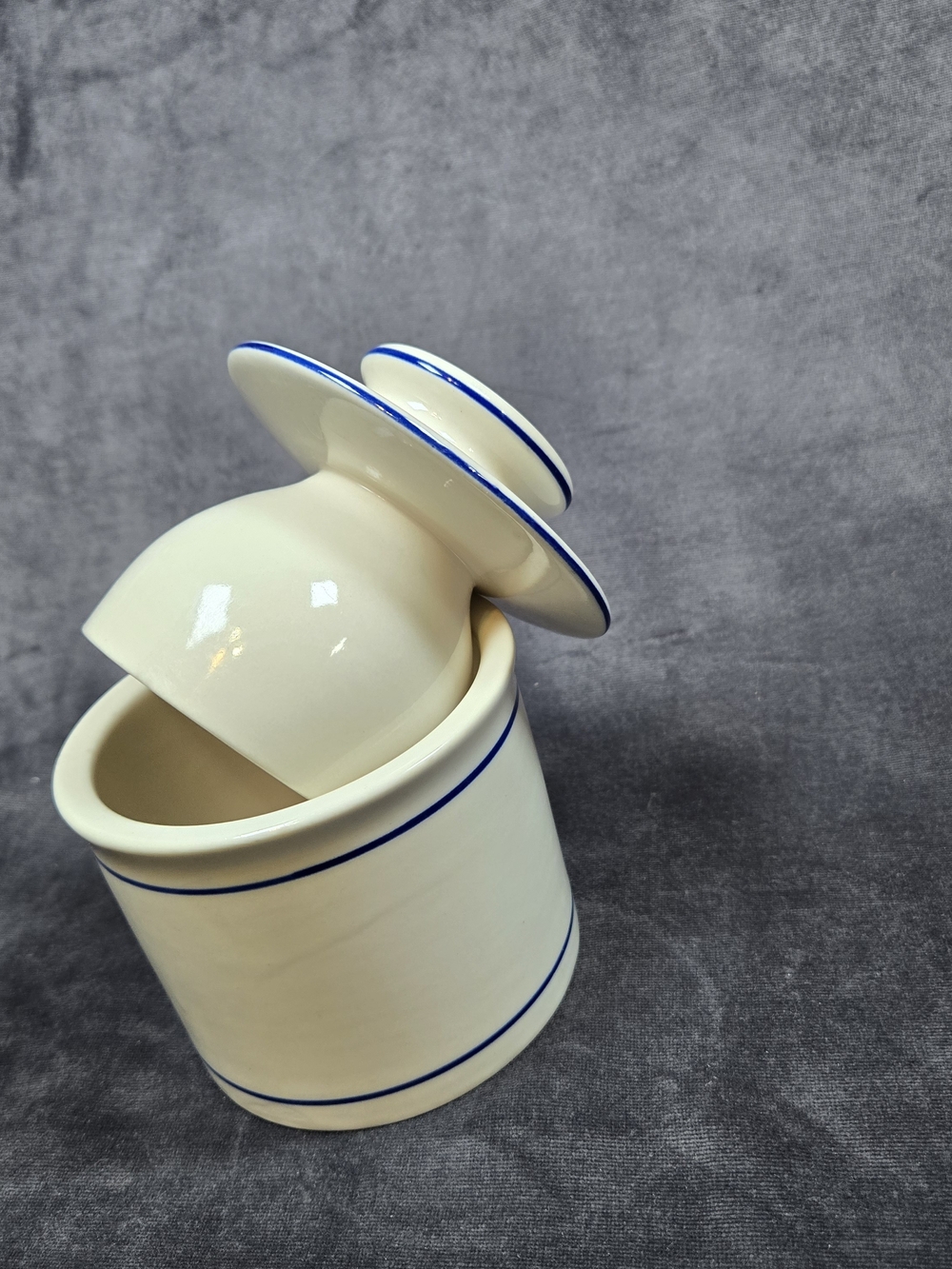Ceramic Butter Crock with Blue Trim - Cream